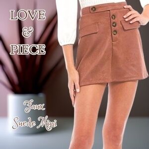LOVE & PIECE Front Button Flap-Pocket Faux Suede MiniSkirt Tobacco/XL NWT